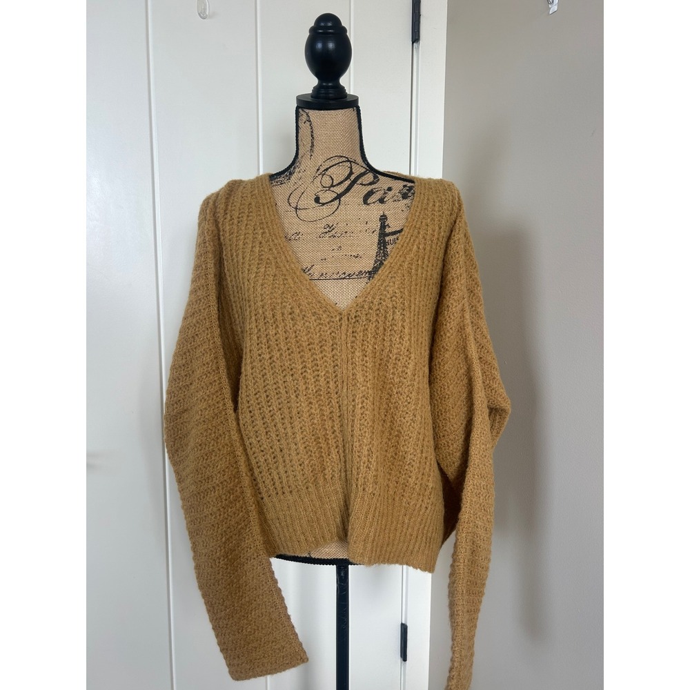 Free People Mustard Yellow Alpaca Wool Boho V Neck Pullover Sweater Size M